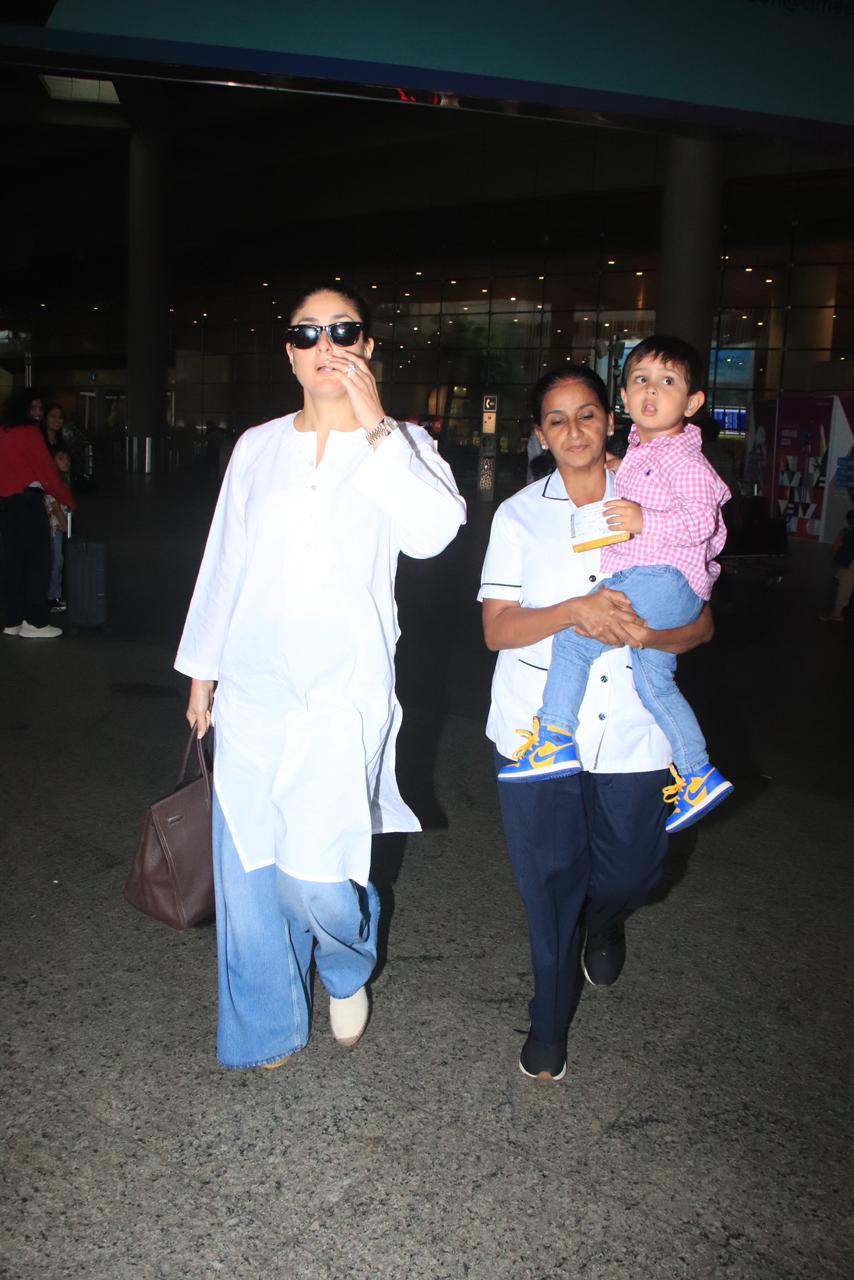 Kareena Kapoor was clicked with her family at Bandra. The actress looked stunning in a white chikankari kurta and blue jeans