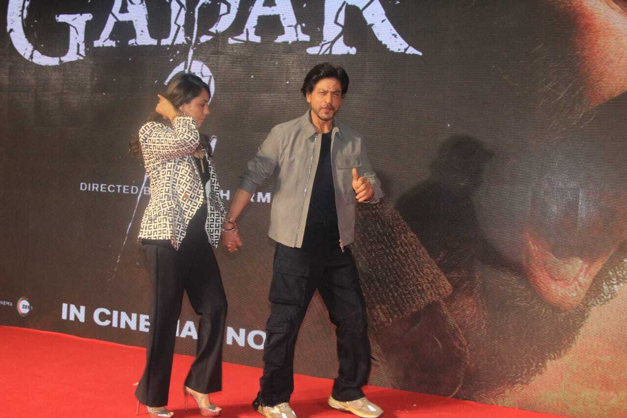 Shah Rukh Khan and Gauri Khan were clicked as they attended the success bash of Sunny Deol starrer Gadar-2