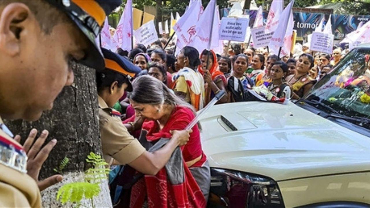 CPI(M) leader Brinda Karat was leading the protest which was organised by All India Democratic Women's Association (AIDWA). Pic/PTI