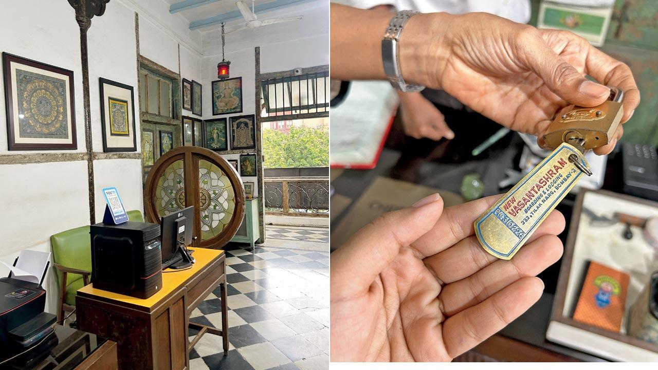 A vintage stained window divides the room into reception and a temple; (right) an old keychain from when Rao’s father used to run the lodge