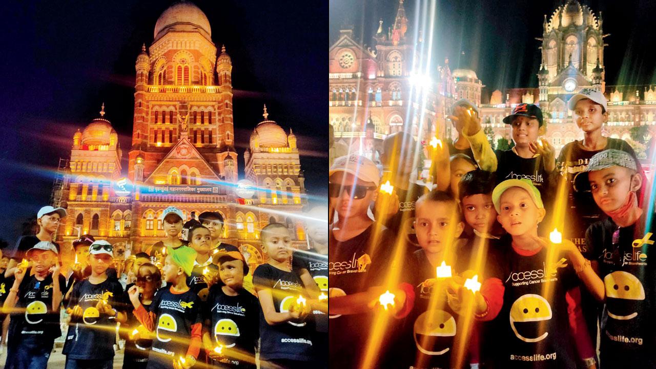 The children hold out candles at (left) MCGM headquarters and (above) CSMT