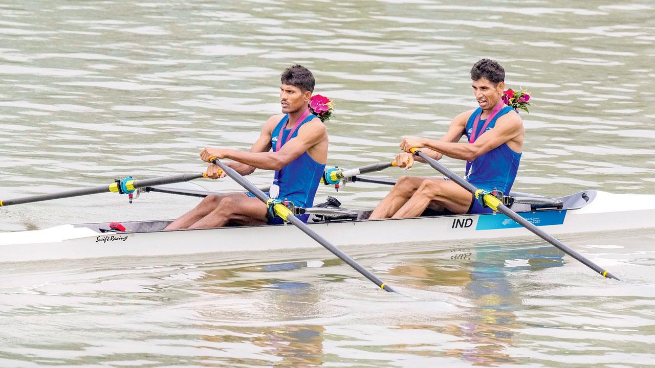 Arjun Lal Jat and Arvind Singh during the lightweight men’s double sculls event yesterday. Pics/PTI