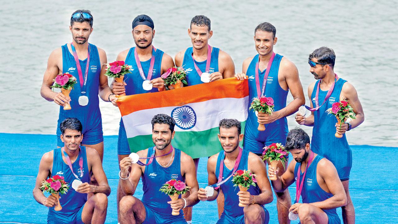 India players celebrate after clinching silver in men’s eight event yesterday