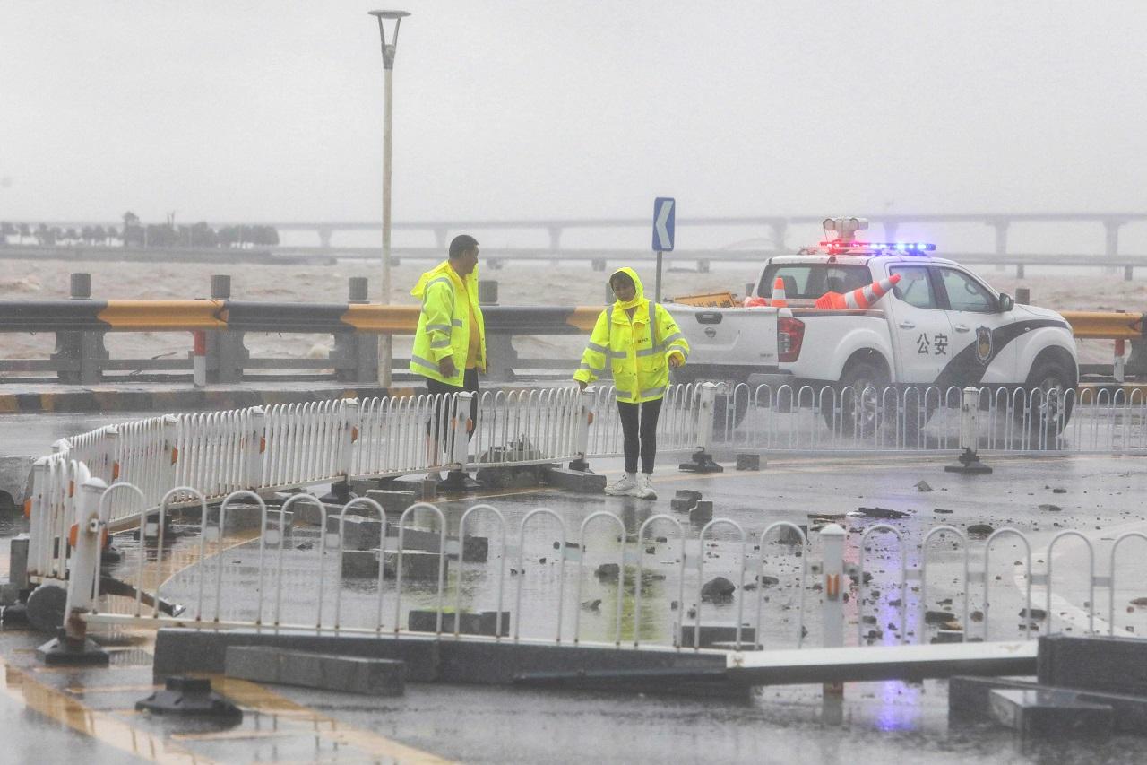 Guangdong province's meteorological bureau said the powerful storm churned into an outlying district of the city of Zhuhai, just south of Hong Kong at 3:30 a.m. It was forecast to move in a southwesterly direction along the Guangdong coast at a speed of around 17 kph (10 mph), gradually weakening before heading out to sea