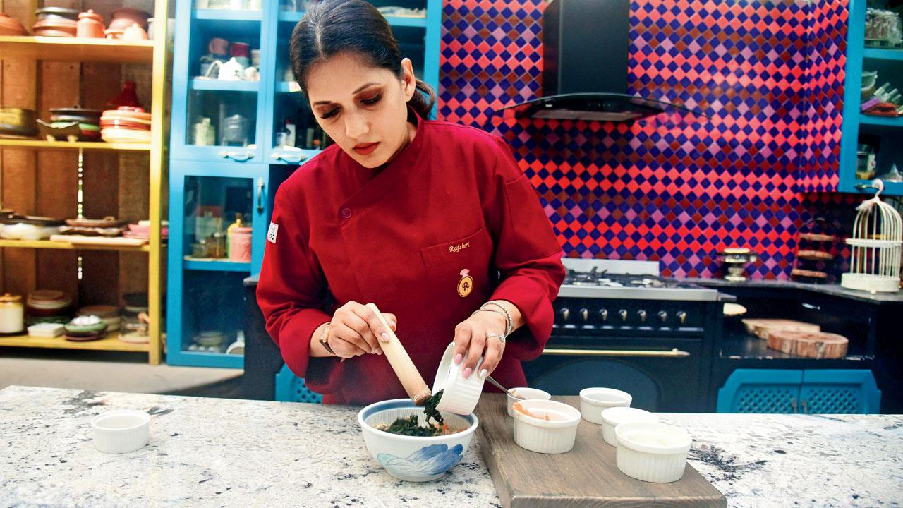 Chef Raji Gupta plates an amuse-bouche platter at her studio in Andheri