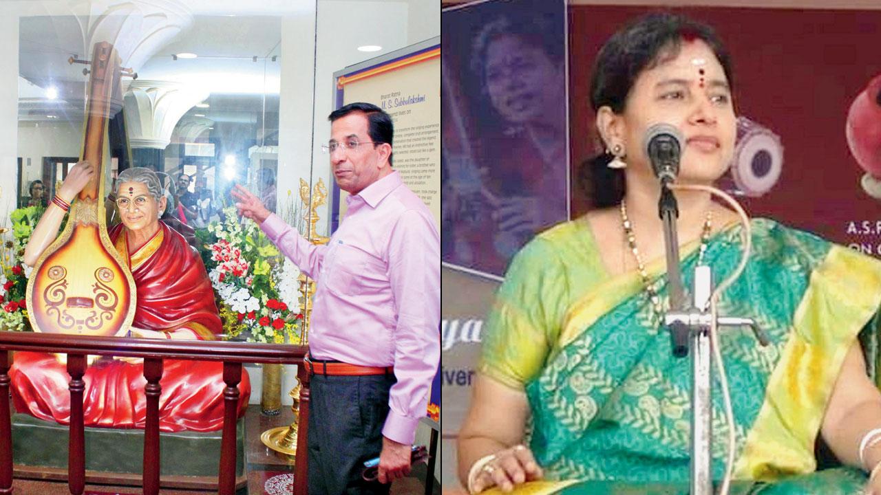Dr V Shankar stands beside a statue of singer MS Subbulakshmi