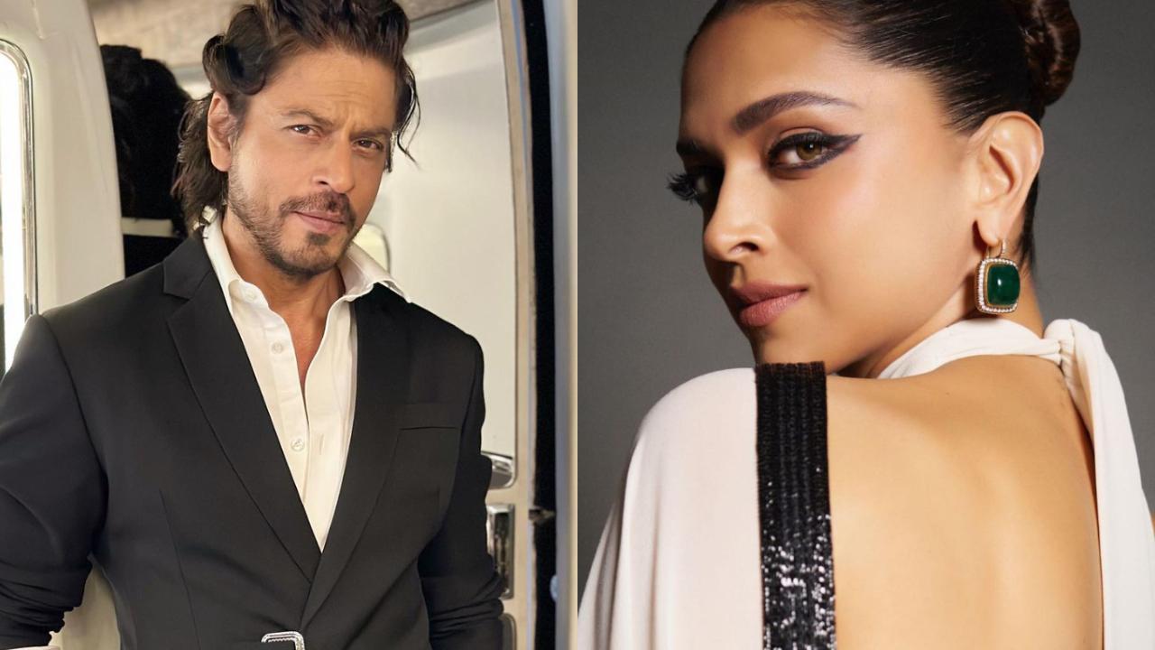 Jawan success meet Shah Rukh Khan looks handsome in black three-piece suit; Deepika Padukone slays in white saree