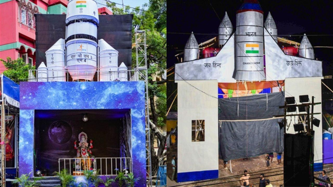 Someone had said great minds think alike. No wonder these two pandals from Kolkata (left) and Guwahati (right) decorated their pandals in accordance with theme Chandrayaan-3.