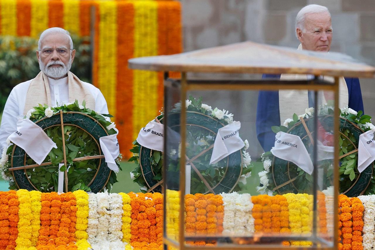 PM Modi welcomed the dignitaries with an 'angvastram' or stole with an image of Gandhi's Sabarmati Ashram in Gujarat, which was his home from 1917 to 1930 and served as one of the main centres of India's freedom struggle, in the background