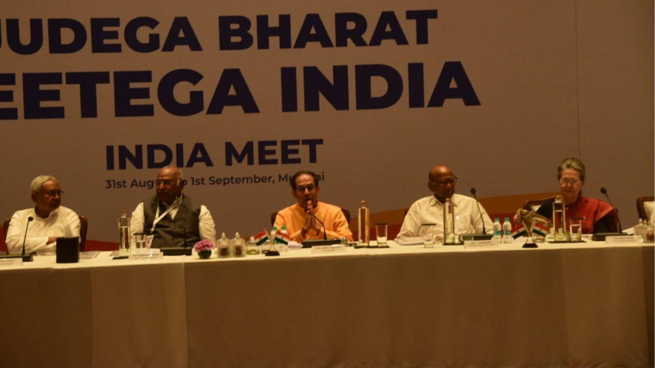 The third meeting of the Opposition bloc has been convened by Maha Vikas Aghadi (MVA) comprising of Uddhav Thackeray-led Sena faction, Sharad Pawar-led faction of Nationalist Congress Party and Congress. Pawar Sr was seated beside Uddhav Thackeray who appears to have delivered the opening note. 