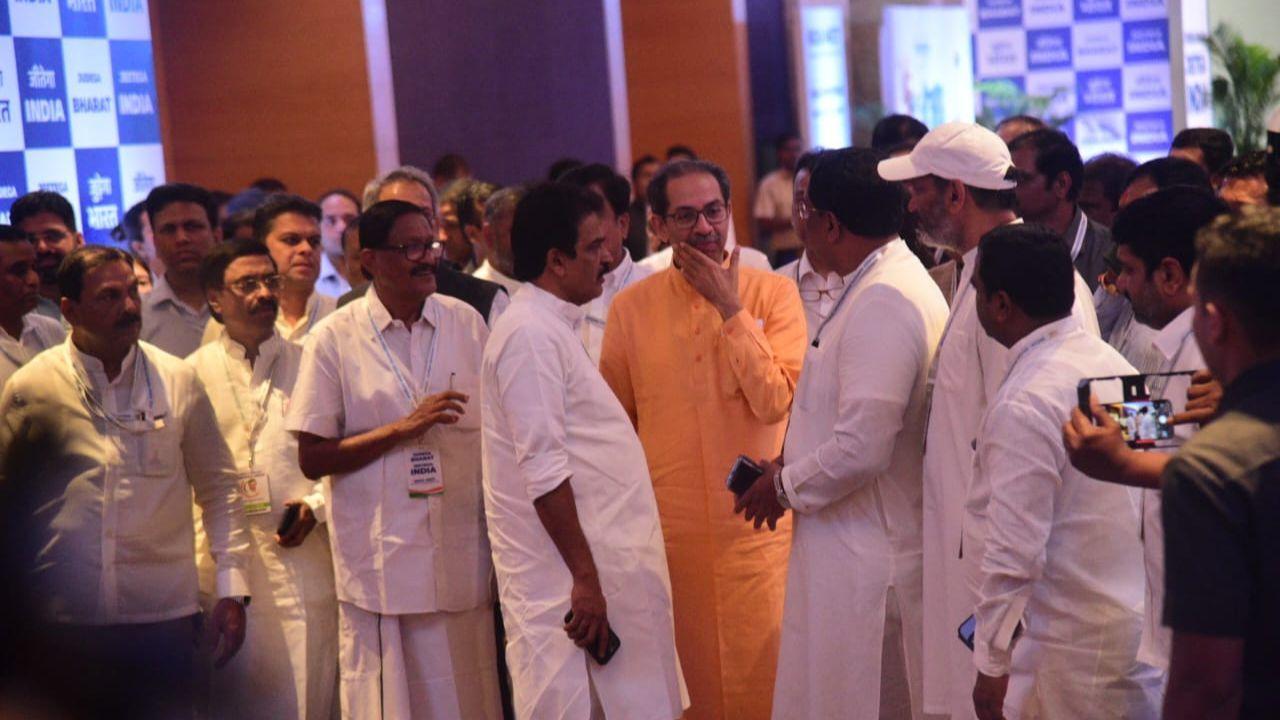 Shiv Sena (UBT) chief Uddhav Thackeray interacting with his colleagues at the Grand Hyatt hotel in Mumbai. Pics/Pradeep Dhivar
