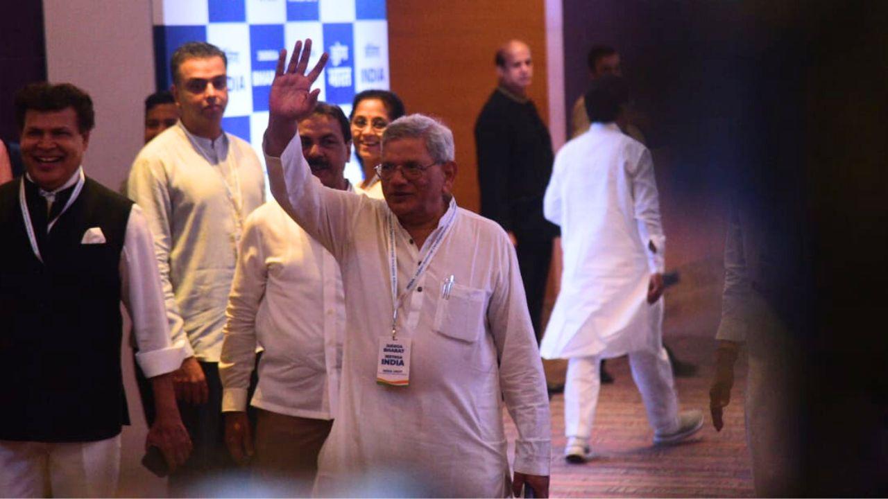 The meeting being conducted in Mumbai is the third huddle of the bloc which will be attended by 63 representatives of 28 political parties. Sitaram Yechury, the Secretary-General of the Communist Party of India (Marxist) was seen waving to the reporters at Grand Hyatt hotel in Vakola, Santacruz.