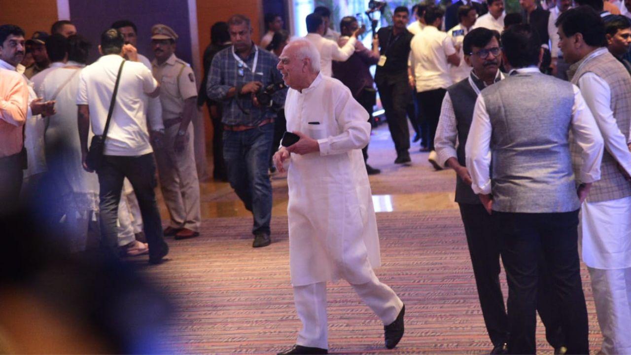 Senior lawyer and politician Kapil Sibal was also spotted entering the venue of the I-N-D-I-A bloc’s meeting on Friday where they are also expected to unveil their logo. In the background can be spotted Shiv Sena (UBT) leader Sanjay Raut chatting with his colleagues.
