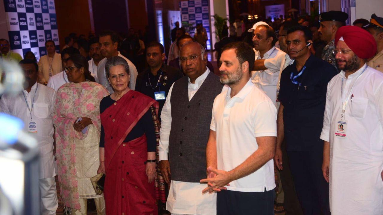 Congress National President Mallikarjun Kharge, former party chief Sonia Gandhi and MP Rahul Gandhi arrived at the Grand Hyatt in Mumbai together for the meeting.