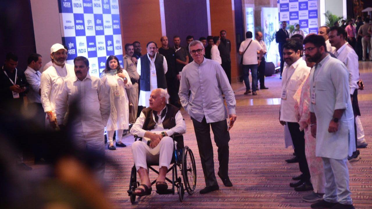Wheel-chair bound Jammu and Kashmir National Conference (JKNC) MP Farooq Abdullah too arrived for the meeting along with his son and former CM of Jammu and Kashmir Omar Abdullah.