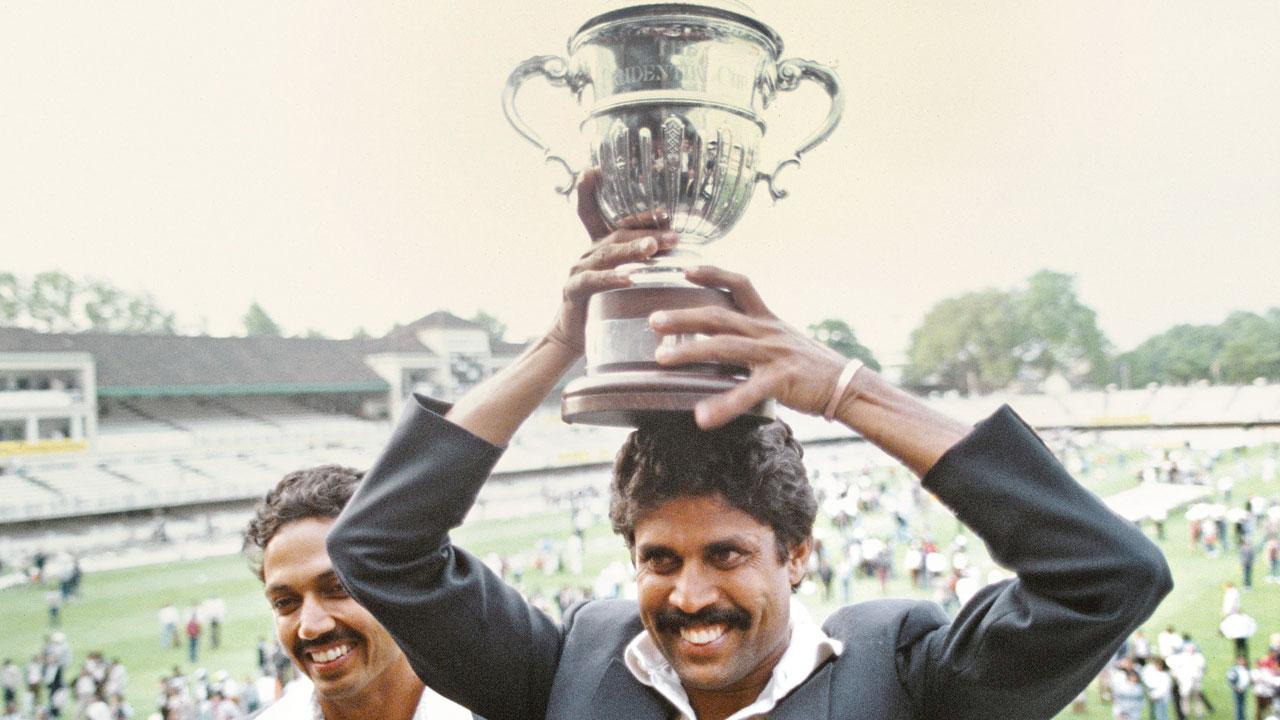 Former India captain Kapil Dev on the balcony of the Lord’s Stadium, where India won its first World Cup in 1983. Pic/Getty Images