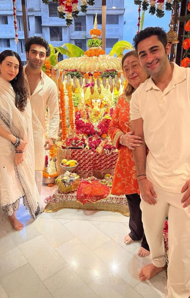 Karisma Kapoor shared a series of pictures from her visit to her cousins Armaan Jain and Aadar Jain, and aunt Rima Jain for Ganpati Darshan