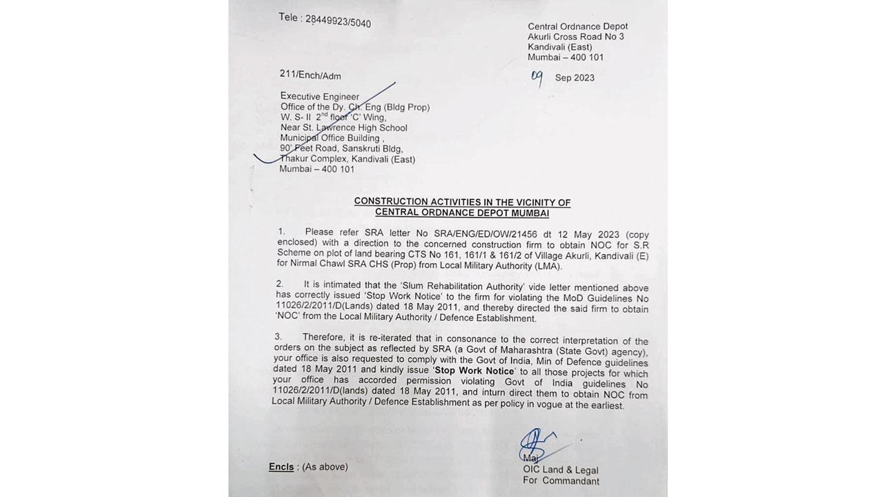 The letter sent by the Central Ordnance Depot to the BMC citing Ministry of Defence Guidelines, 2011