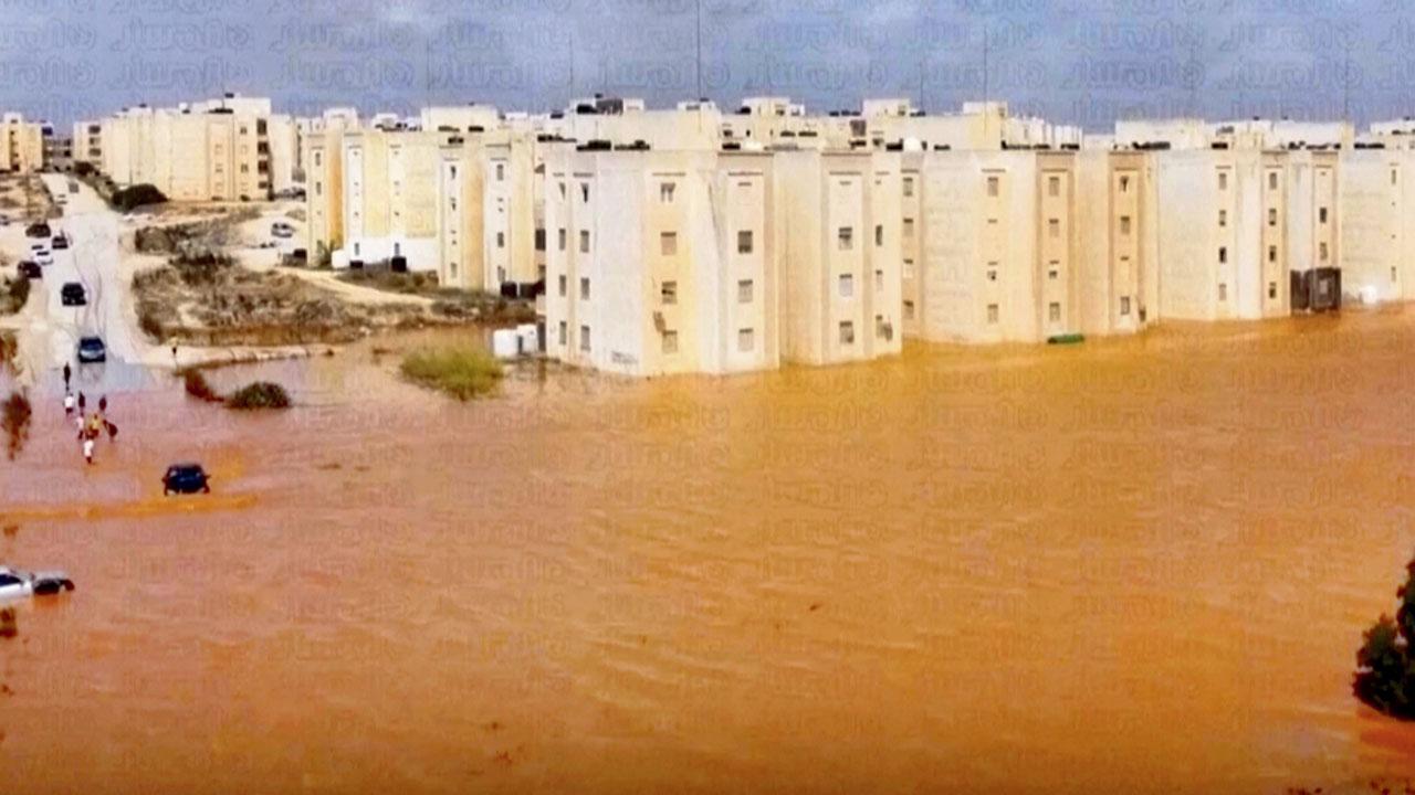 Streets in Marj got severely flooded due to storm Daniel. Pics/AP