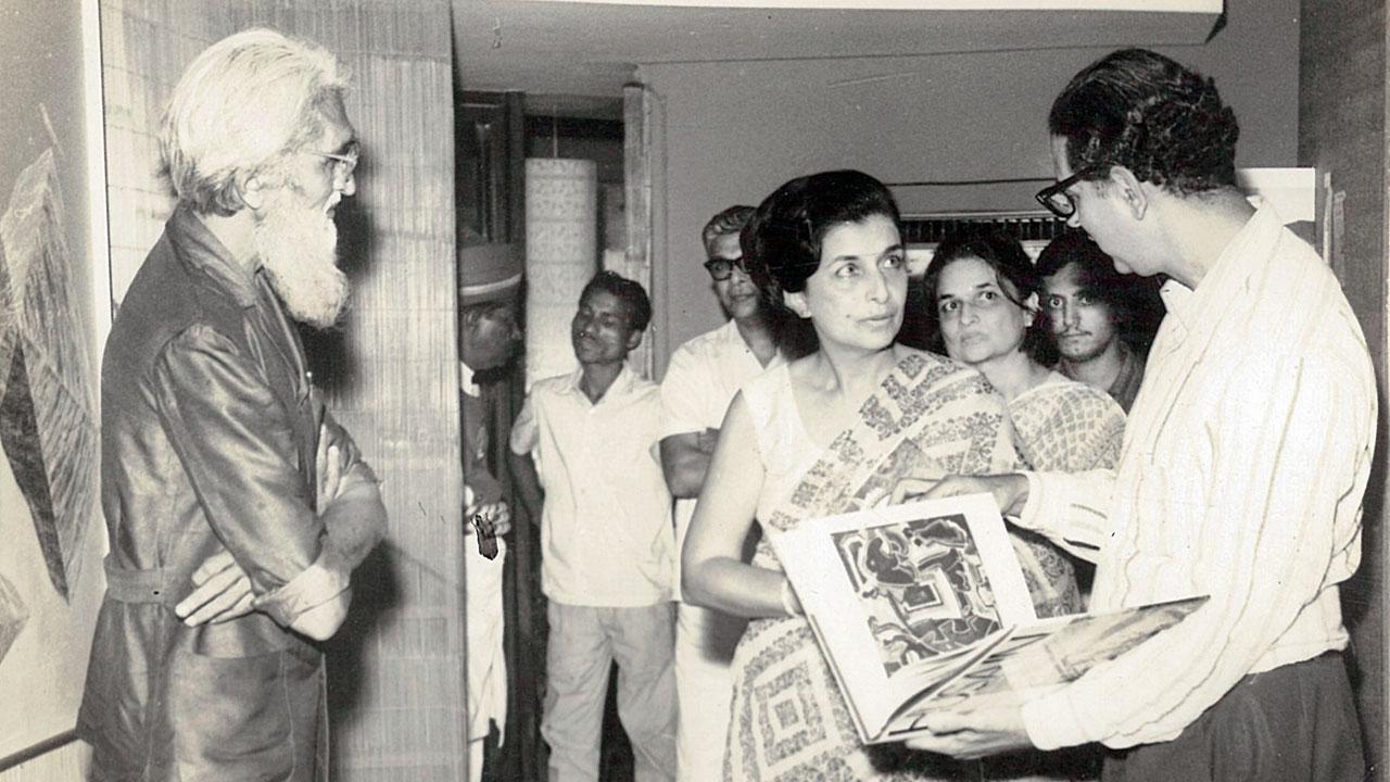  MF Husain, Begum Ali Yavar Gang and Kekoo Gandhy at the opening of Swaminathan exhibition, 1971. PIC COURTESY/Chemould Archives