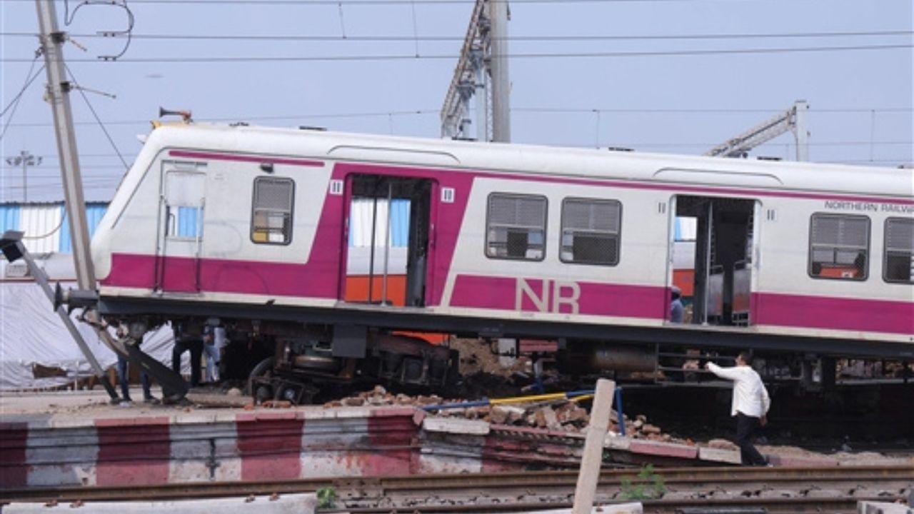 On Tuesday night, a local train climbed onto a platform at Uttar Pradesh’s Mathura junction injuring one woman. Pics/PTI