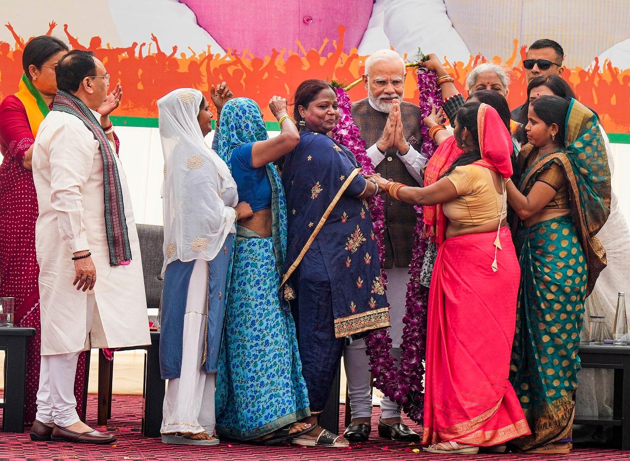 BJP president J P Nadda and women Union ministers, including Nirmala Sitharaman and Smriti Irani, and other party leaders were present on the occasion