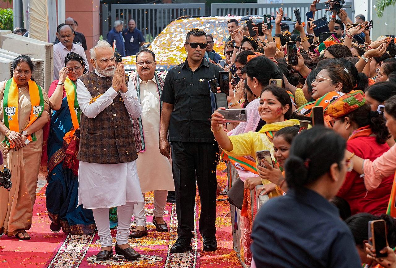 A large number of women, including beneficiaries of several government schemes, were present at the party office to greet him