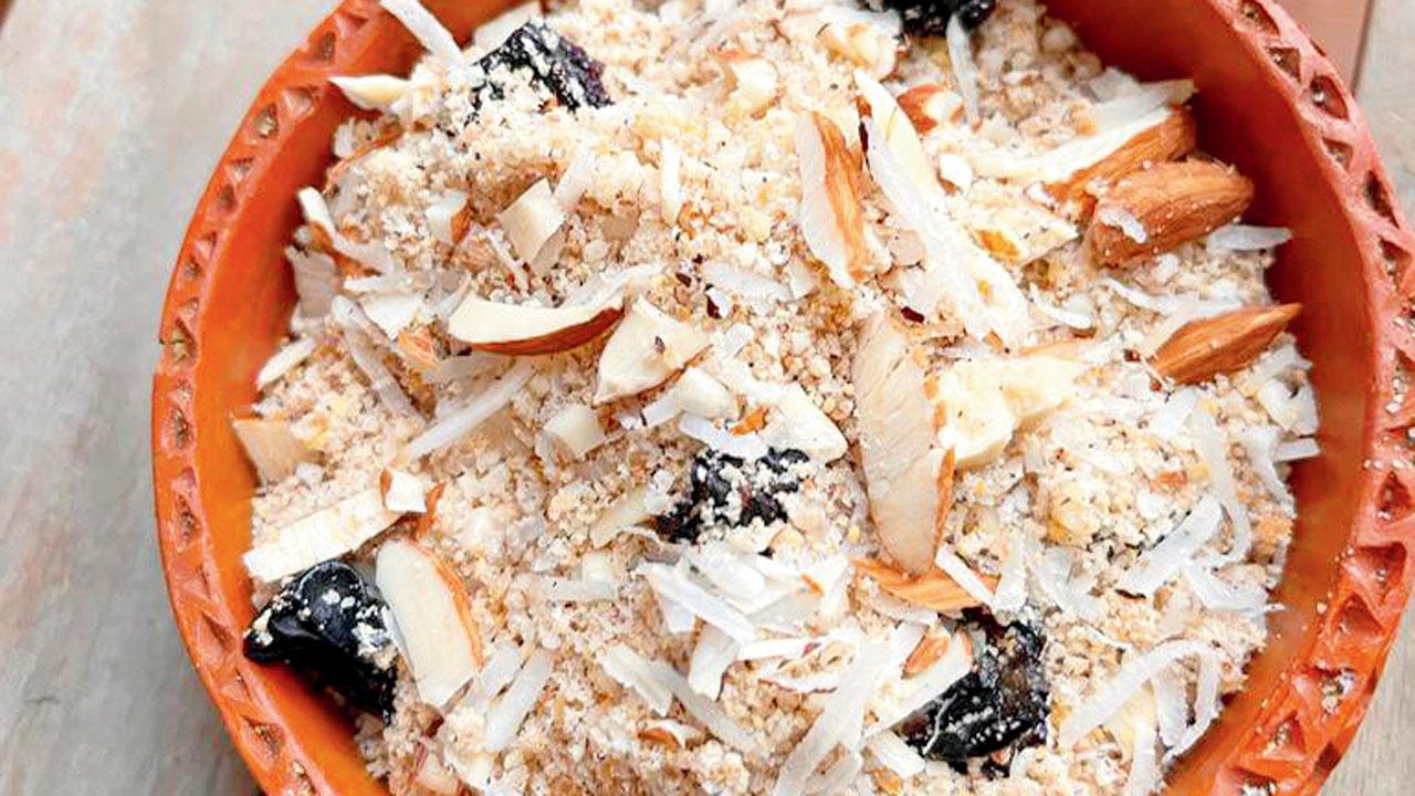 Panchkhadya, made of freshly grated coconut and used as a superfood provides sustenance. The version made with dried coconut (right) has a longer shelf life and makes for a healthy snack