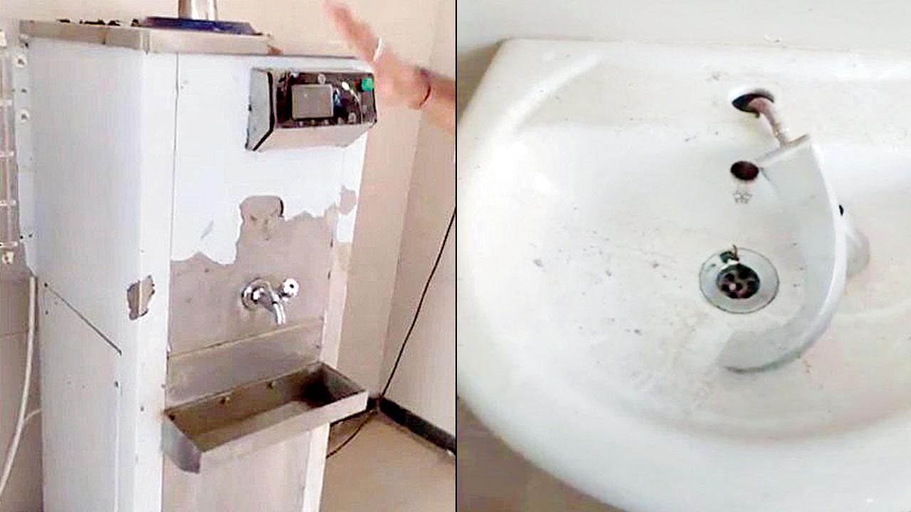 A water cooler and broken toilet on the campus