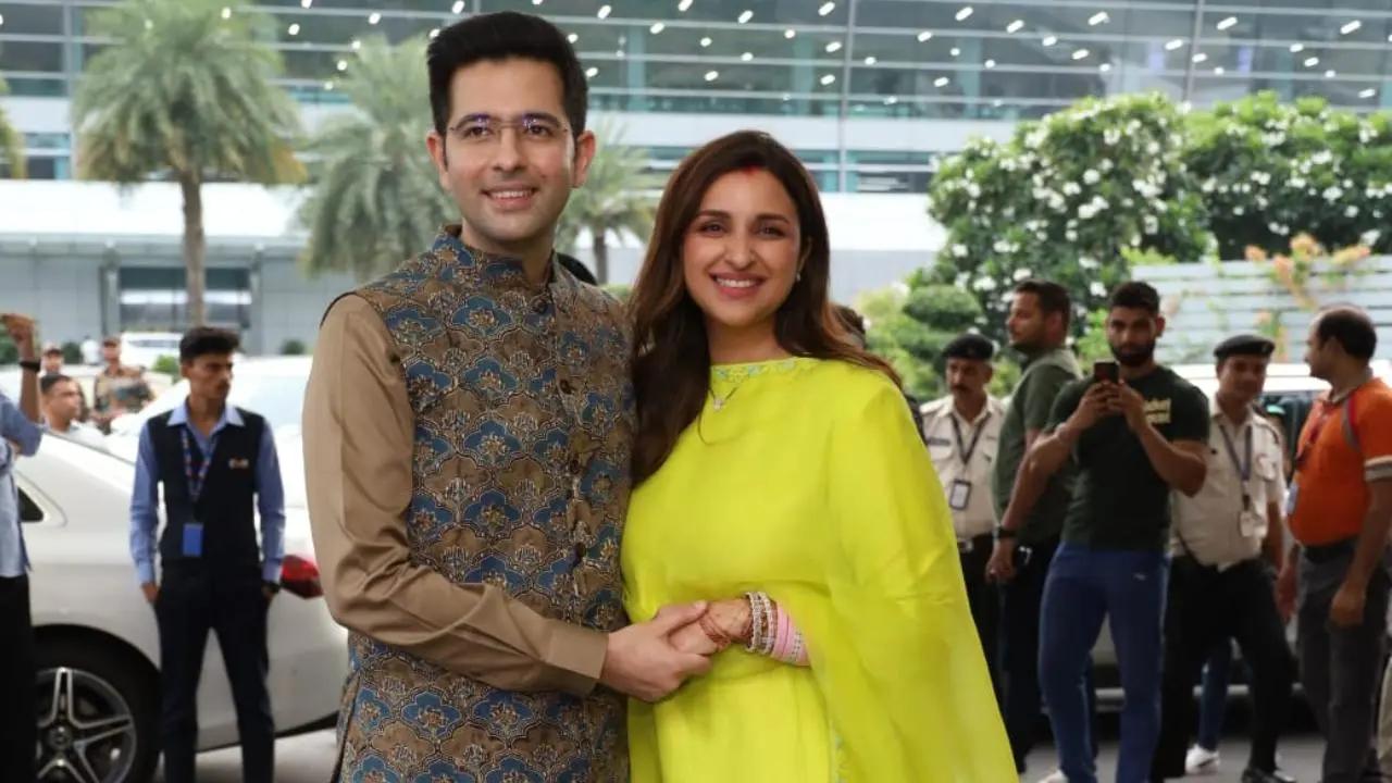 The newlyweds Raghav Chadha and Parineeti Chopra have reached Delhi. In the video, bahurani Parineeti was seen wearing a stunning lime green coloured kurta set along with her pink Chudha. While Raghav was spotted in a brown kurta, white pants, and a printed Nehru jacket. Read More
