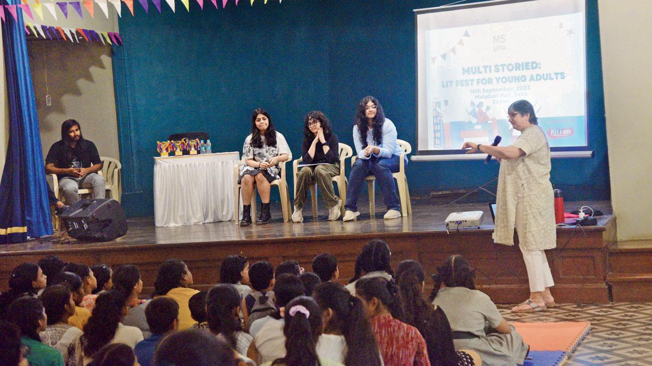 (From left, seated) Sana Gandhi, Navya Banga and Mann Tandon  chat with (standing) Lubaina Bandukwala of Peek-a-Book at their session. PIc/PradeeP Dhivar