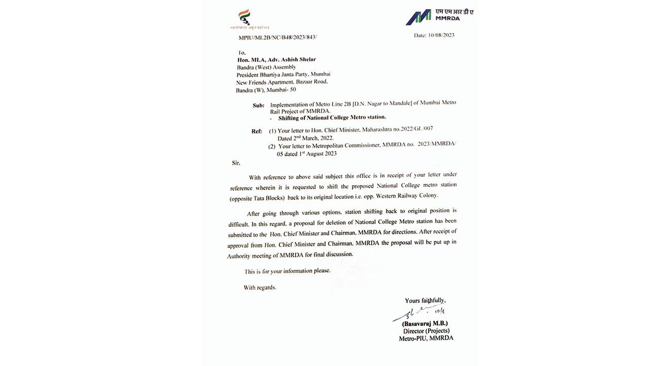The letter sent by the MMRDA to MLA Ashish Shelar