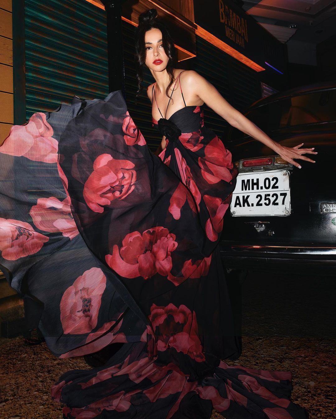 Shibani Dandekar chose this flowy rose-printed dress which screams 'night out'