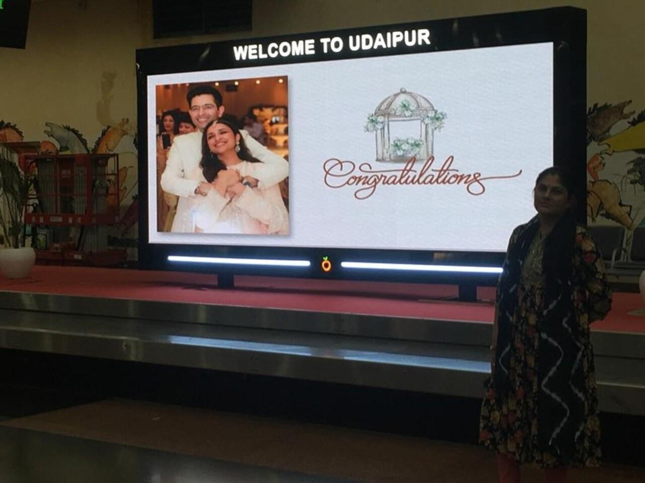 In one of the pictures, an LED board flashed a pic of the couple from their engagement day. The board read, 
