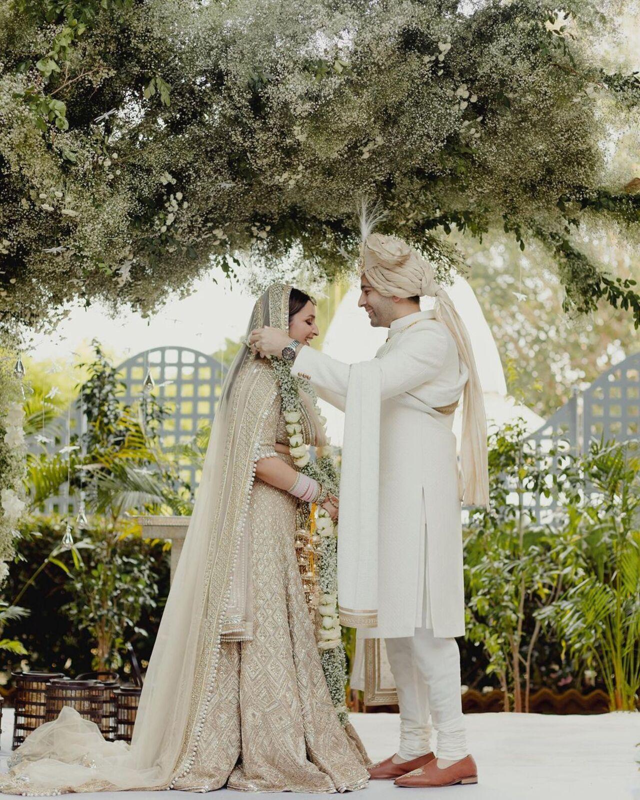 While Ragahv opted for an all-white sherwani by Manish Malhotra for his big day, Parineeti opted for a champagne-coloured heavily embroidered lehenga by the same designer