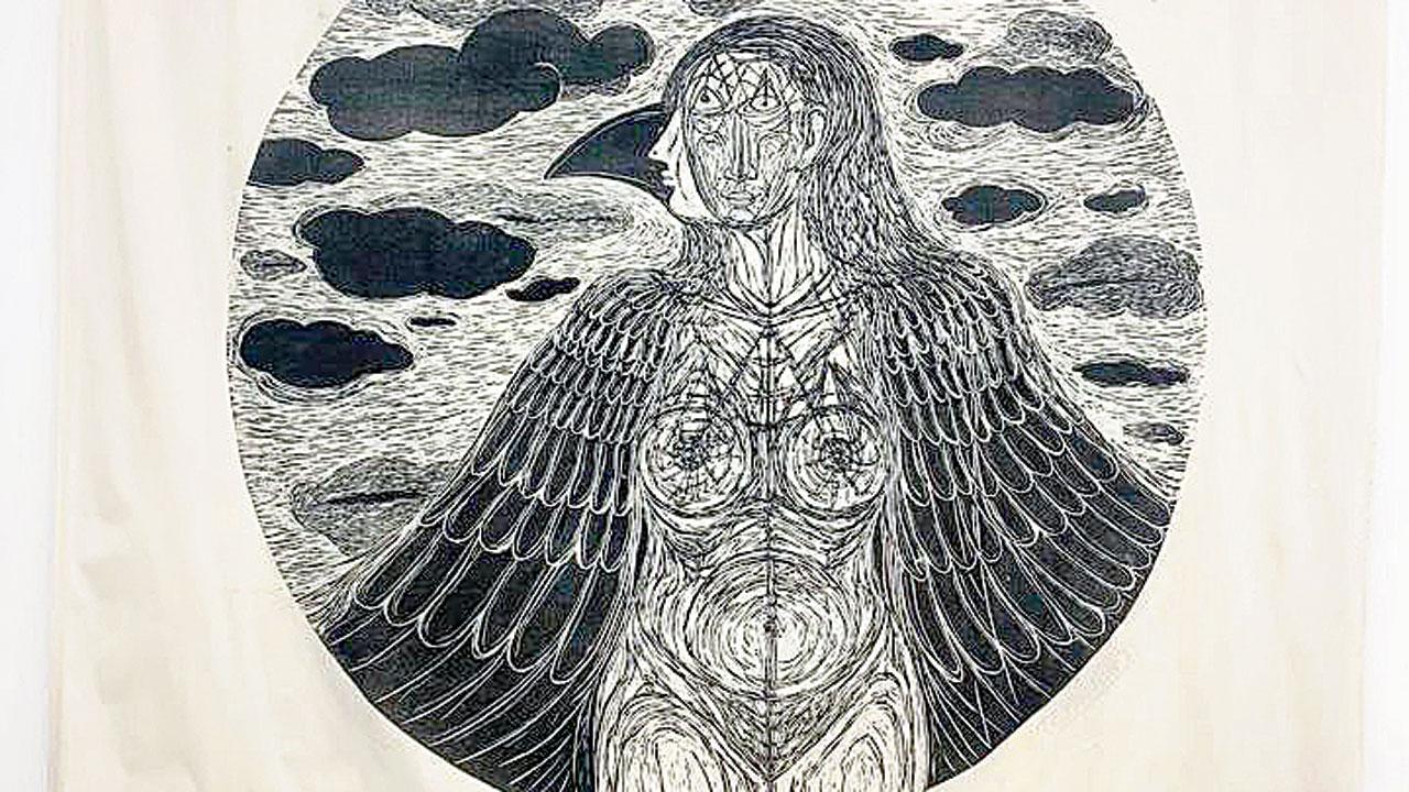 A woodcut print etching by Tejswini Narayan Sonawane at the biennale