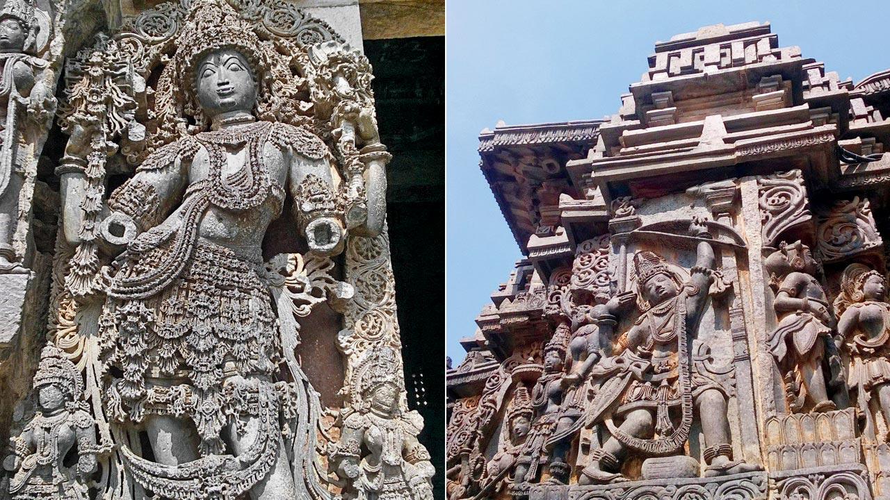 Don’t miss the stunningly detailed dwarpalas at the grand entrances to the Hoysaleswara Temple; (right) The Hoysaleswara Temple is considered one of the finest examples to display scenes from Indian epics and mythology. Pics/Fiona Fernandez