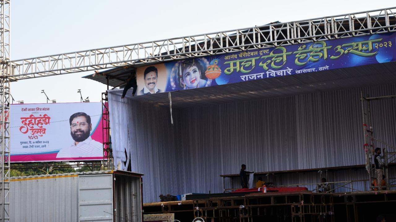 Preparations for Dahi Handi were underway in full swing on Wednesday. Pics/Satej Shinde