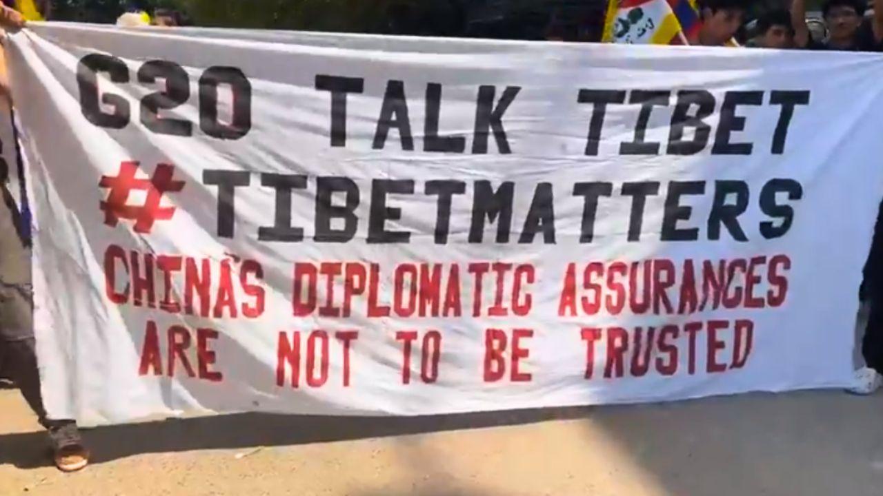 Protestors also held a banner urging the G20 leaders to talk about Tibet and saying that China's diplomatic assurances are lip service that can't be trusted. Pic/Tibetan Youth Congress
