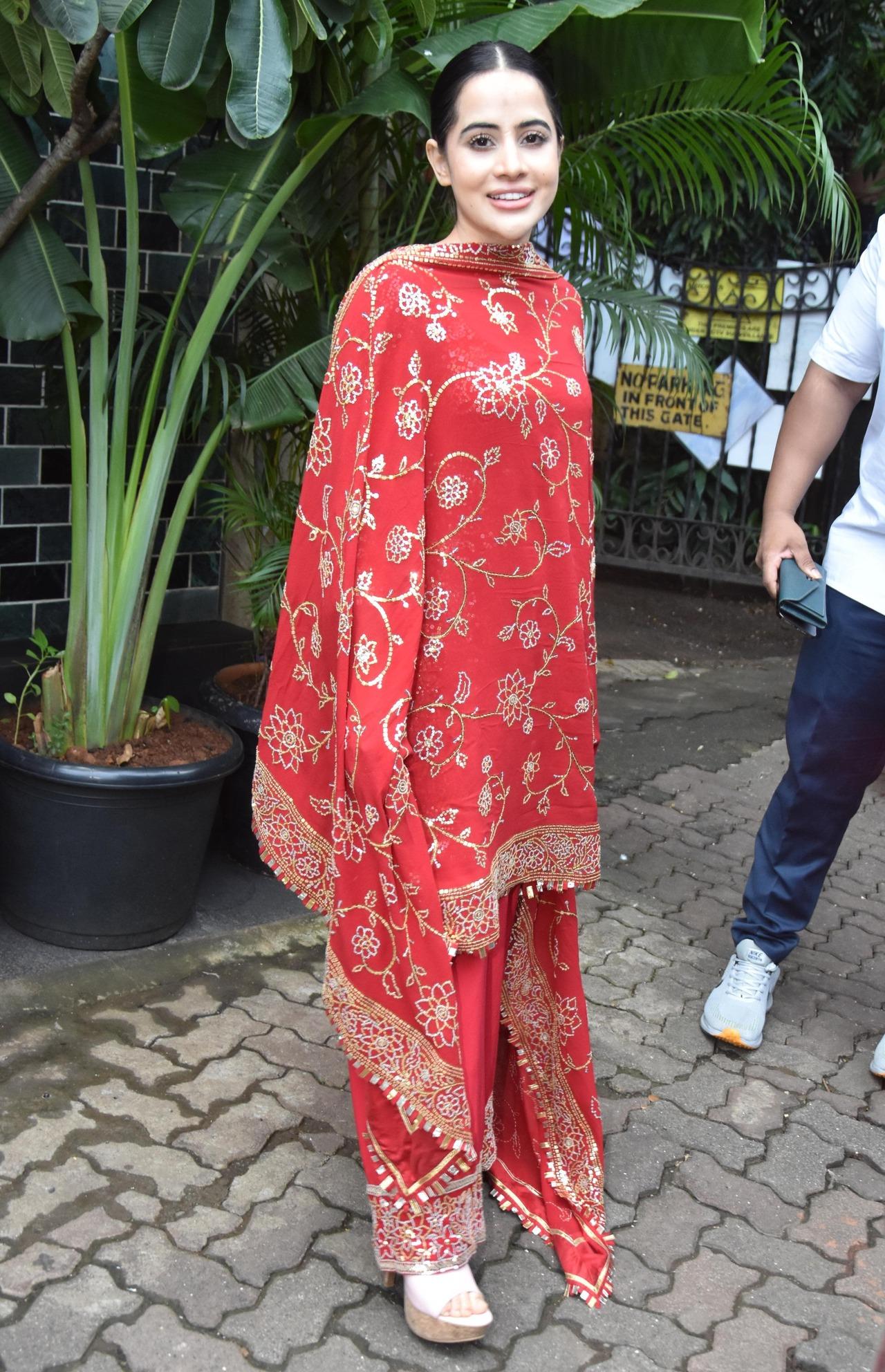 Uorfi Javed wore a stunning, heavily embroidered red kurta set as she went out and about in the city