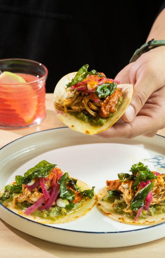 Start your meal with the Mockduck Al Pastor Tacos, where chipotle adobo-infused Mockduck meets salsa roja and guacamole for a taco revolution