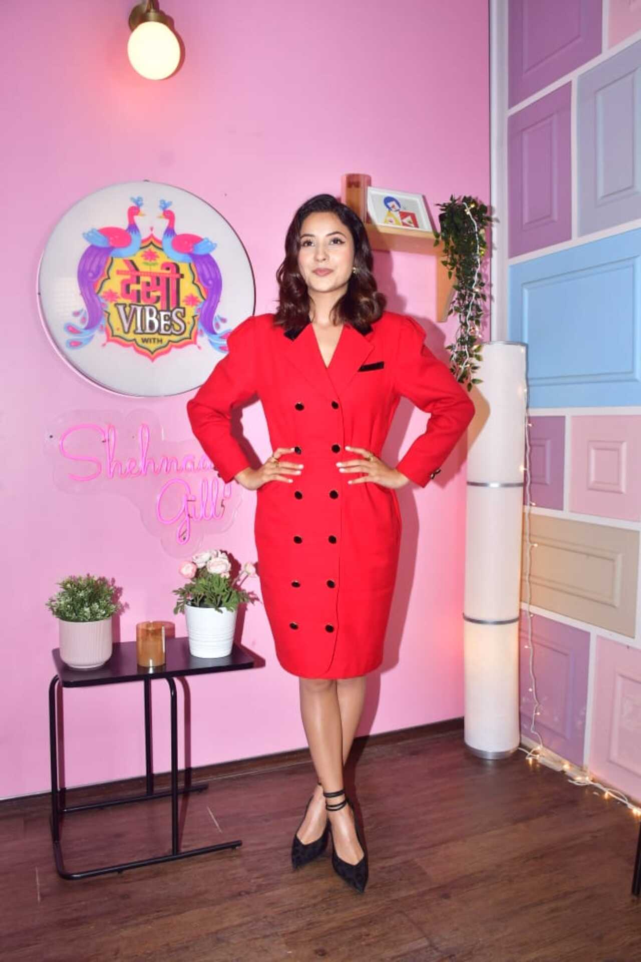 Shehnaaz Gill opted for red dress as she snapped at the sets of her chat show