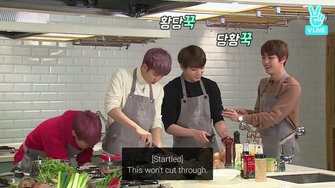 In this hilarious moment, Namjoon wondered why the knife was not slicing through the vegetables before the BTS members exclaimed that the cover of the knife was still on. In another instance, he tried to chop with the knife held upside-down. Oh, Namjoon.