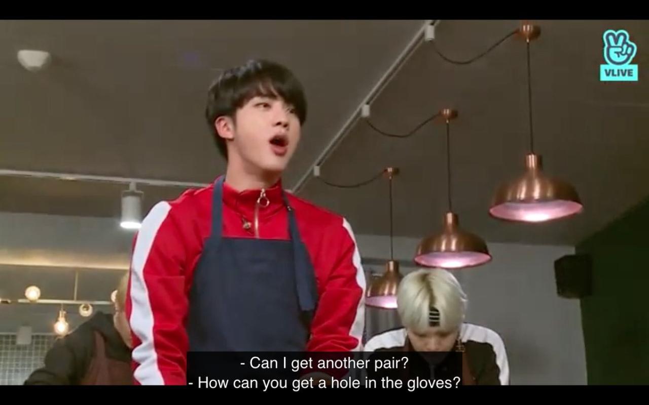 Oldest hyung Seokjin somehow tends to bear the brunt of all of Namjoon's clumsy kitchen accidents.