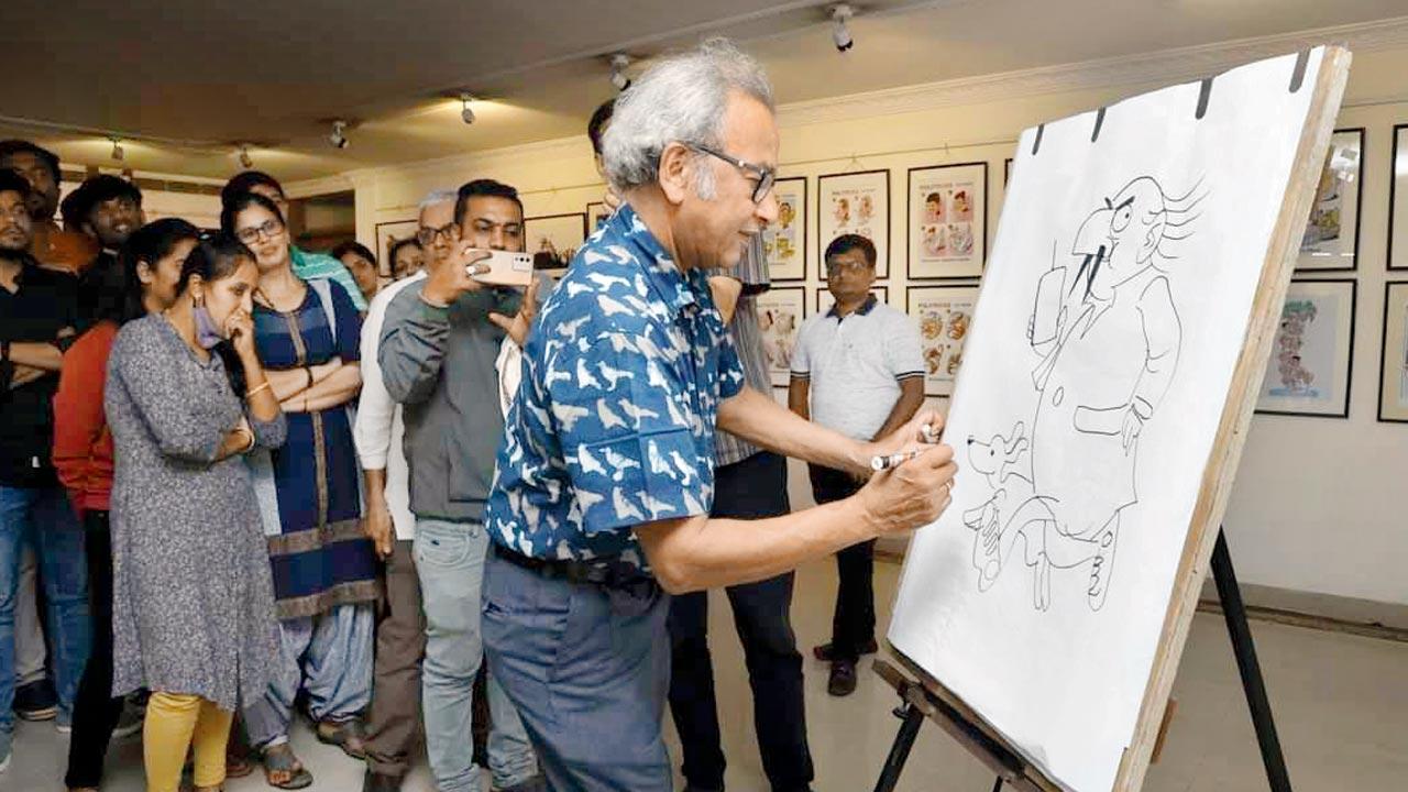 The late Ajit Ninan sketches his iconic Detective Moochhwala at The Indian Institute of Cartoonists (IIC) in Bengaluru, 2022. Pic Courtesy/Jayanto Banerjee