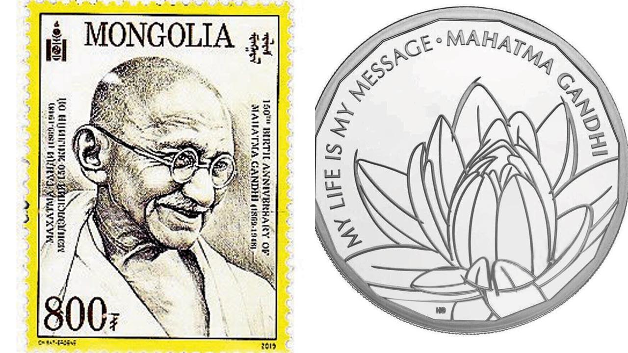 (Left) A Mongolian stamp featuring Mahatma Gandhi; (right) an artist’s illustration of the two Pound UK Sterling with Gandhi’s message
