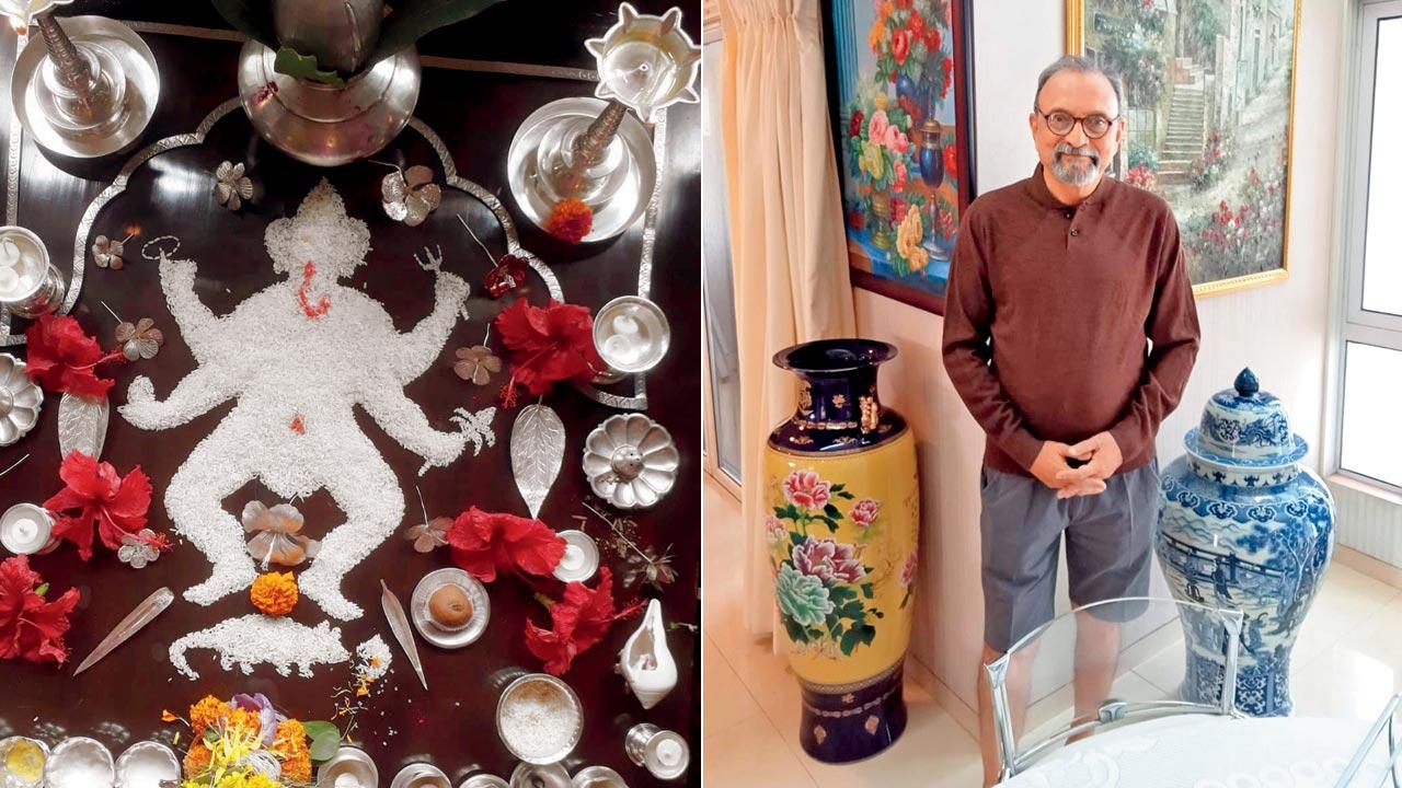 Rice Ganesha idol made by Rajan Jayakar (right) at his family home