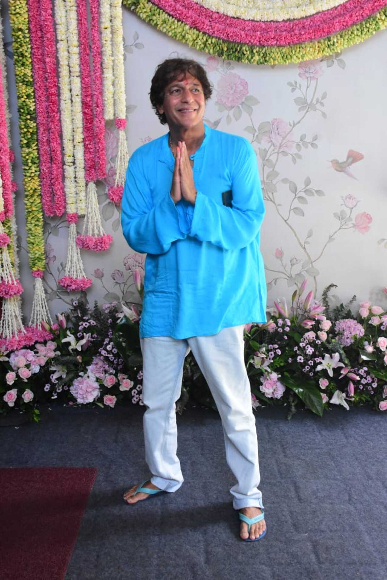 Chunky Panday wore a blue kurta with white pyjama  as he went to attend Arpita Khan's Ganpati celebration