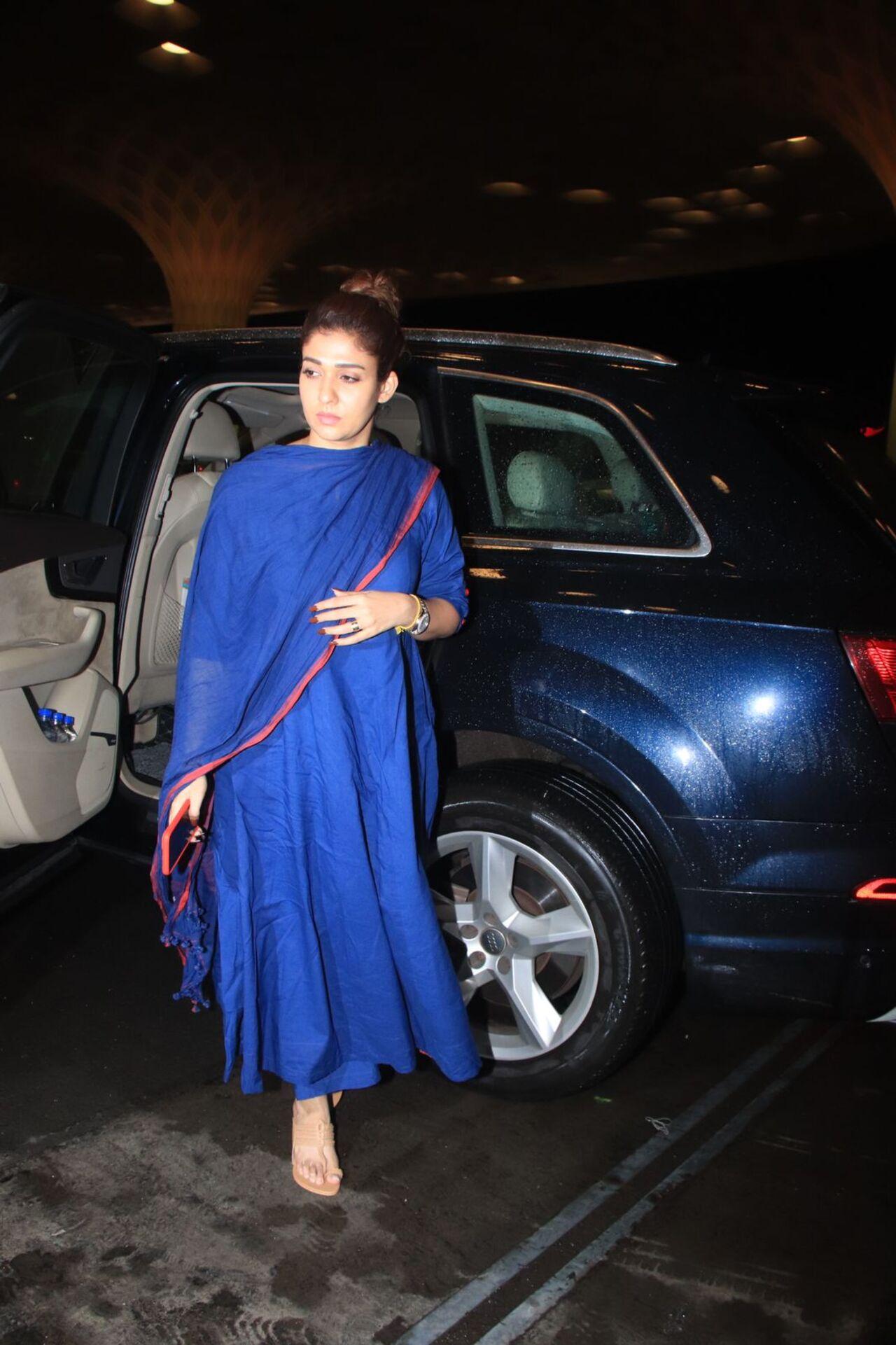 Jawan actress Nayanthara opted for a blue kurta set for her airport look