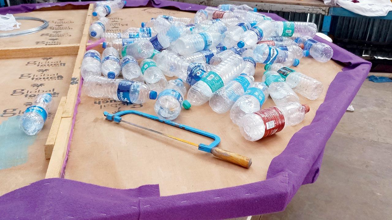 Waste plastic bottles collected from various forts being used for decor for the Girgaon cha Raja pandal